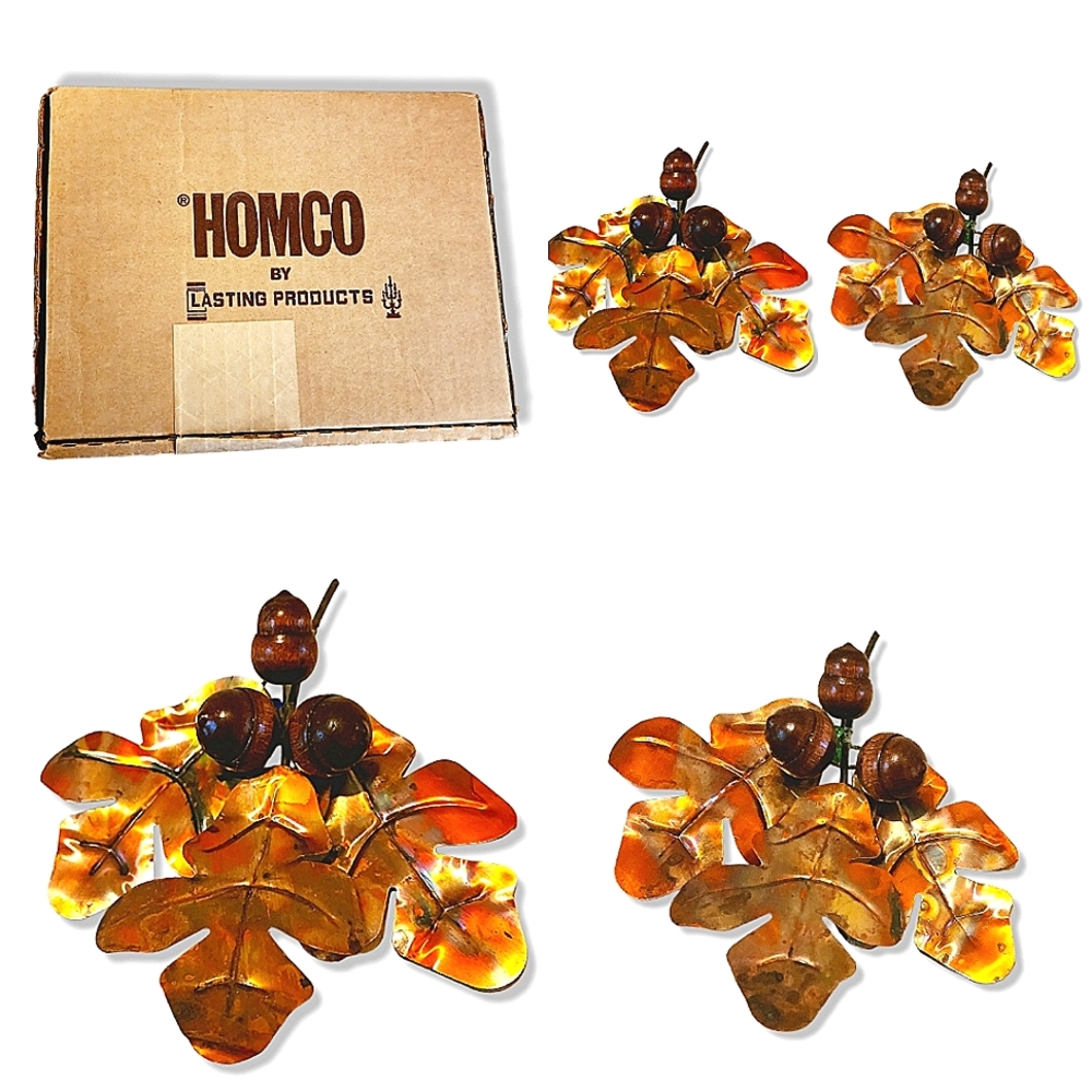 Vintage Homco fall leaf and acorn copper wall hangings set Of 2 with Box